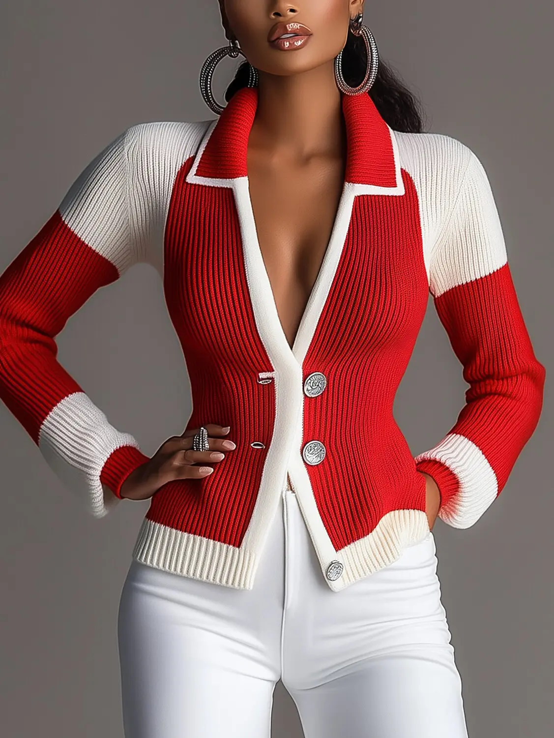 Women Coloblock Sweater Cardigans Turn Down Collar Single Breasted Sexy V-Neck Knitted Jecket Tops for Autumn Vintage Coat