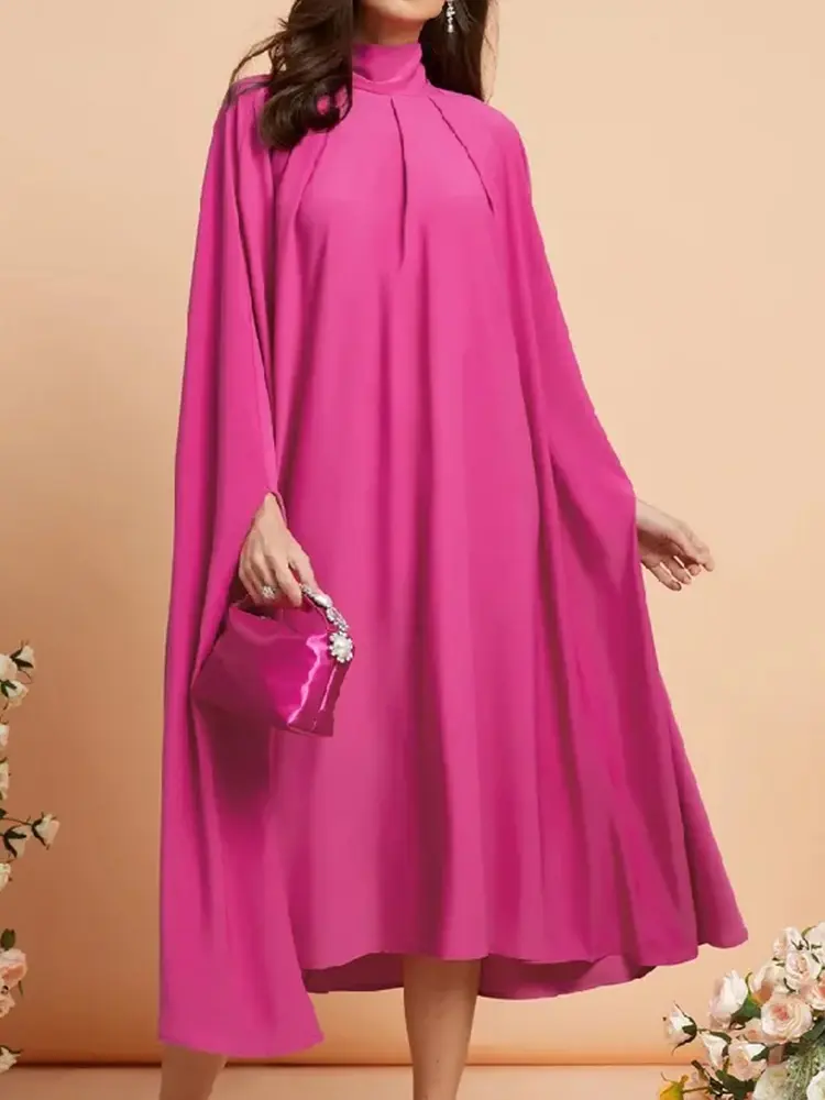Women's Plus Size Turtleneck Dress Cloak Sleeve Pleated Solid Elegant Casual Wedding Guest Dresses Vintage Party Club Dress