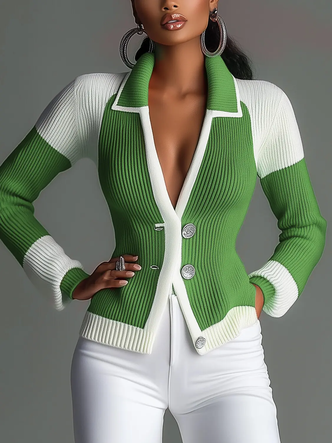 Women Coloblock Sweater Cardigans Turn Down Collar Single Breasted Sexy V-Neck Knitted Jecket Tops for Autumn Vintage Coat