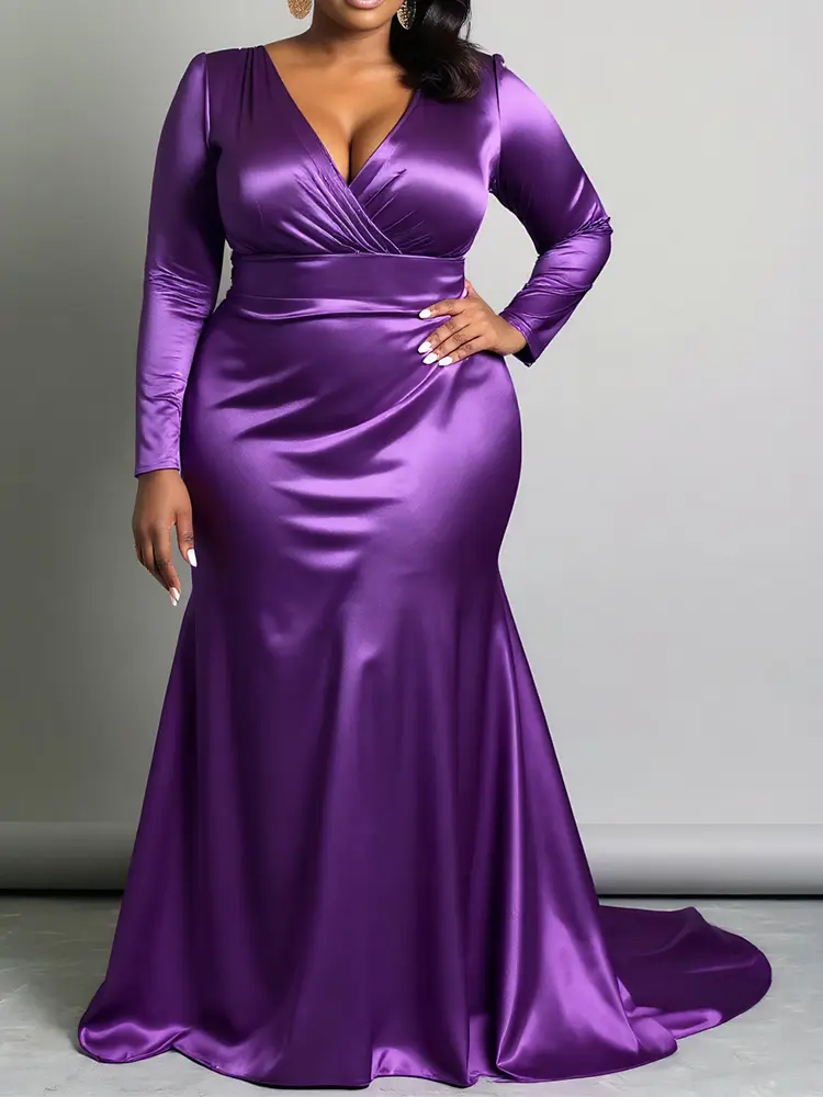 Women's Plus Size Dress Sexy V-neck Long Sleeve Ruched Slim Purple Evening Party Cocktail Satin Maxi Dress Wedding Guest Dress