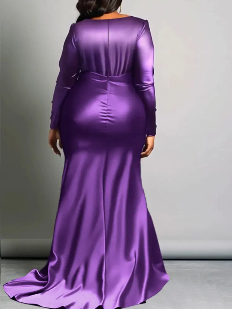 Women's Plus Size Dress Sexy V-neck Long Sleeve Ruched Slim Purple Evening Party Cocktail Satin Maxi Dress Wedding Guest Dress