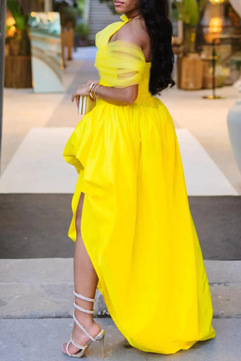 Women's Off the Shoulder Dress Asymmetric Hem Satin Mesh Elegant Party Club Evening Long Dress Halter Wedding Guest Dress