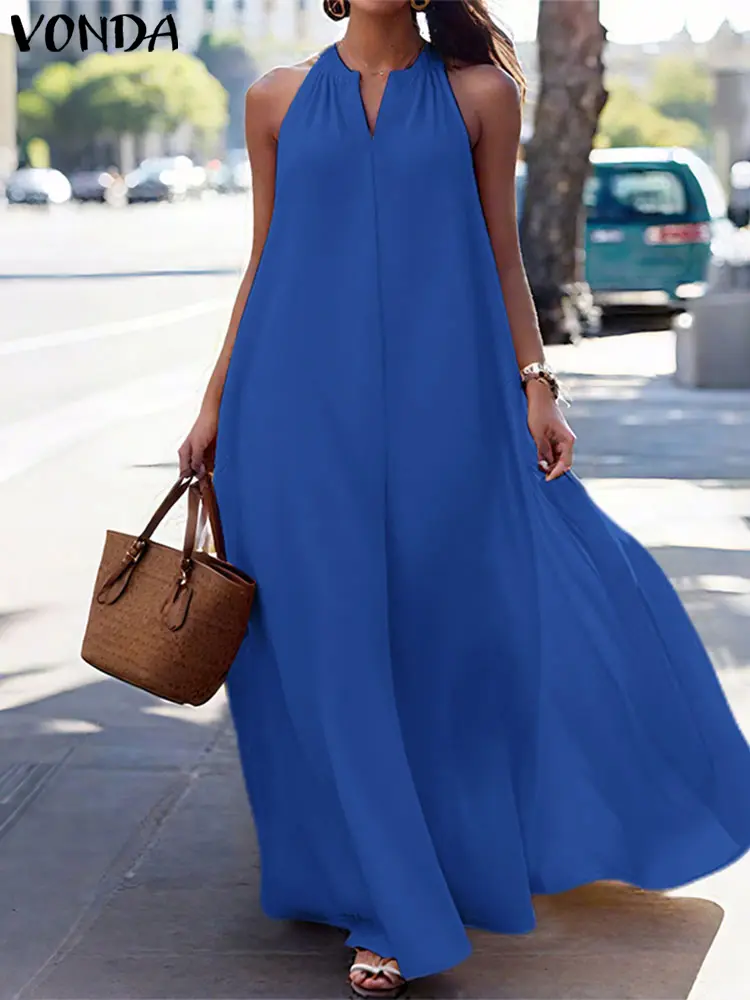 Plus Size VONDA Sleeveless Long Dress Women Halter Maxi Sundress 2025 Summer Fashion Casual Beach Vestido Solid V-Neck Sexy Robe