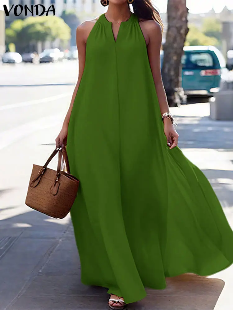 Plus Size VONDA Sleeveless Long Dress Women Halter Maxi Sundress 2025 Summer Fashion Casual Beach Vestido Solid V-Neck Sexy Robe