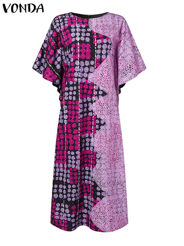 Plus Size 5XL VONDA 2024 Women Dress Bohemian Printed Patchwork Sundress Autumn Casual Loose 3/4 Sleeve Vestidos Femme