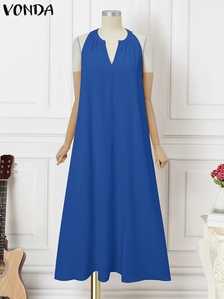 Plus Size VONDA Sleeveless Long Dress Women Halter Maxi Sundress 2025 Summer Fashion Casual Beach Vestido Solid V-Neck Sexy Robe