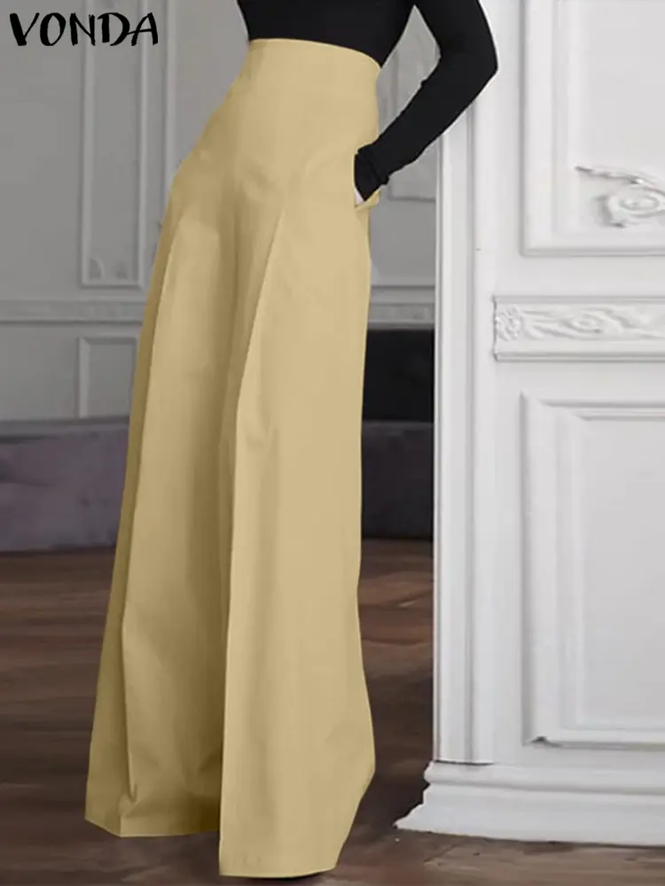 VONDA Women Elegant Office Wide Leg Pants 2024 Summer Trouser Fashion High Waist Zipper Casual Solid Pantalon Long Palazzo