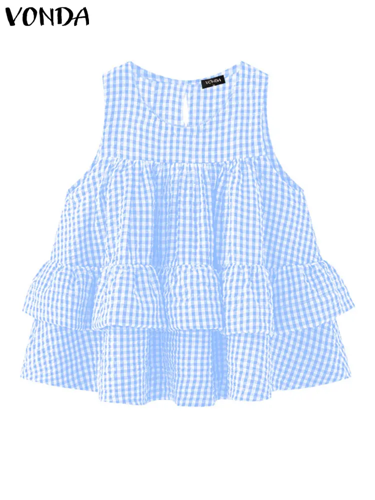 VONDA Women Tank Tops Sleeveless Plaid Shirts Female 2025 Ruffled Camis Bohemian Casual O Neck Tees Summer Blouse Oversized