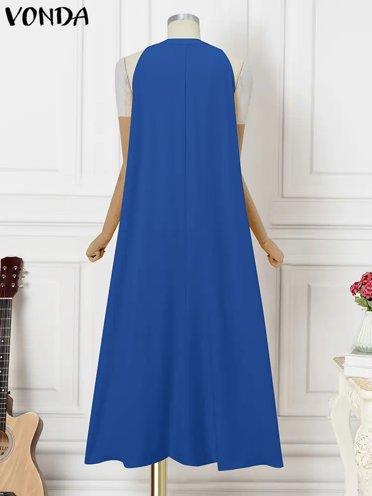 Plus Size VONDA Sleeveless Long Dress Women Halter Maxi Sundress 2025 Summer Fashion Casual Beach Vestido Solid V-Neck Sexy Robe