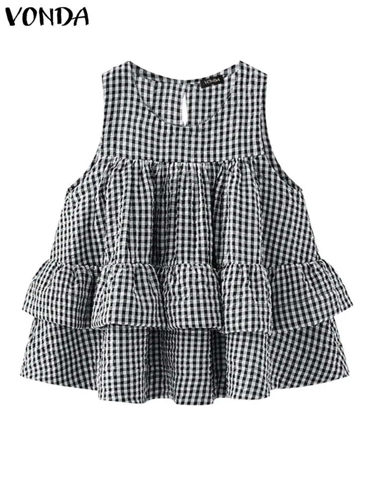 VONDA Women Tank Tops Sleeveless Plaid Shirts Female 2025 Ruffled Camis Bohemian Casual O Neck Tees Summer Blouse Oversized