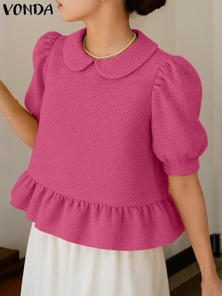 VONDA Women Summer Tops Fashion Solid Color Blouse Ruffled Shirts 2025 Short Puff Sleeve Tunic Casual Lapel Korean Blusas Female