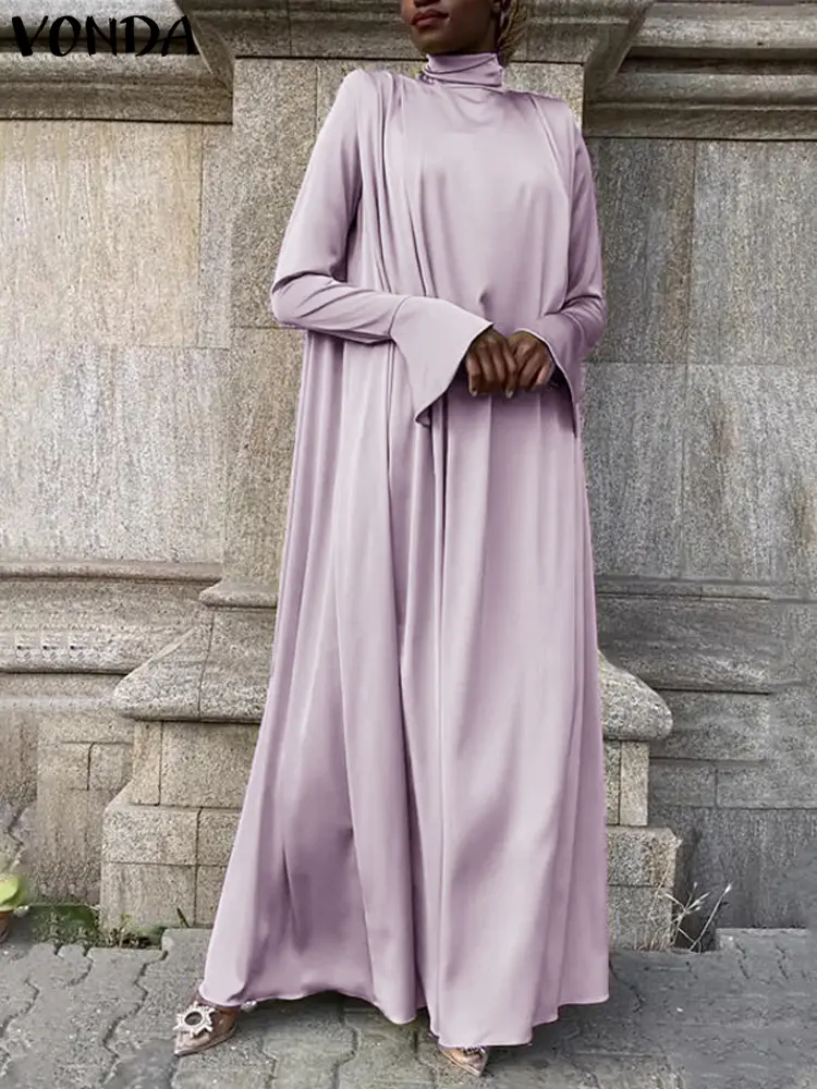 Plus Size VONDA Women Maxi Dress Elegant Flared Long Sleeve High Collar Long Robe 2024 Casual Solid Color Vintage Loose Sundress