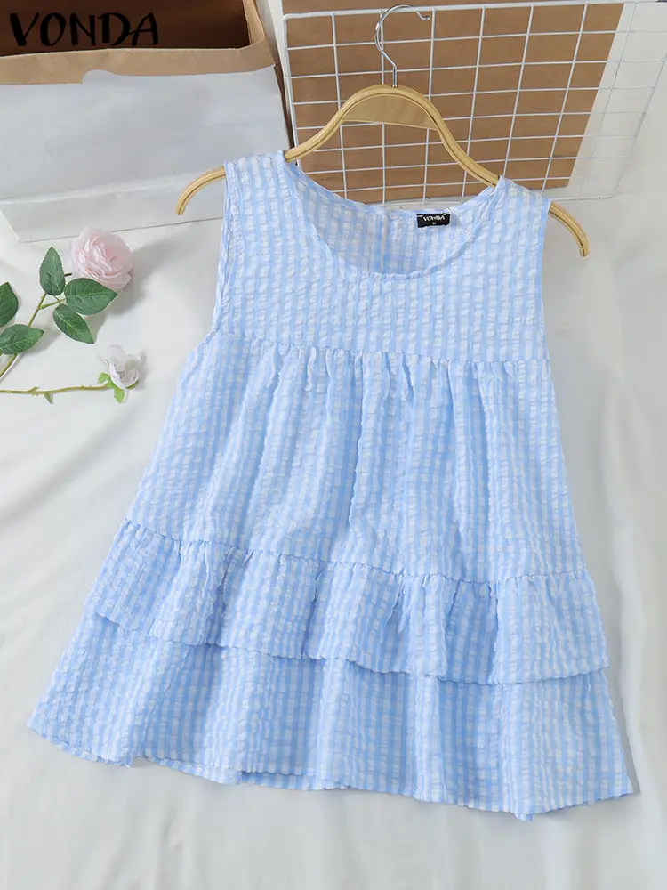 VONDA Women Tank Tops Sleeveless Plaid Shirts Female 2025 Ruffled Camis Bohemian Casual O Neck Tees Summer Blouse Oversized