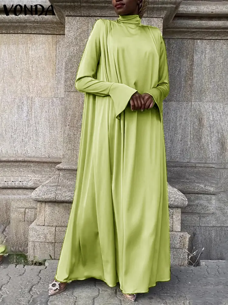 Plus Size VONDA Women Maxi Dress Elegant Flared Long Sleeve High Collar Long Robe 2024 Casual Solid Color Vintage Loose Sundress