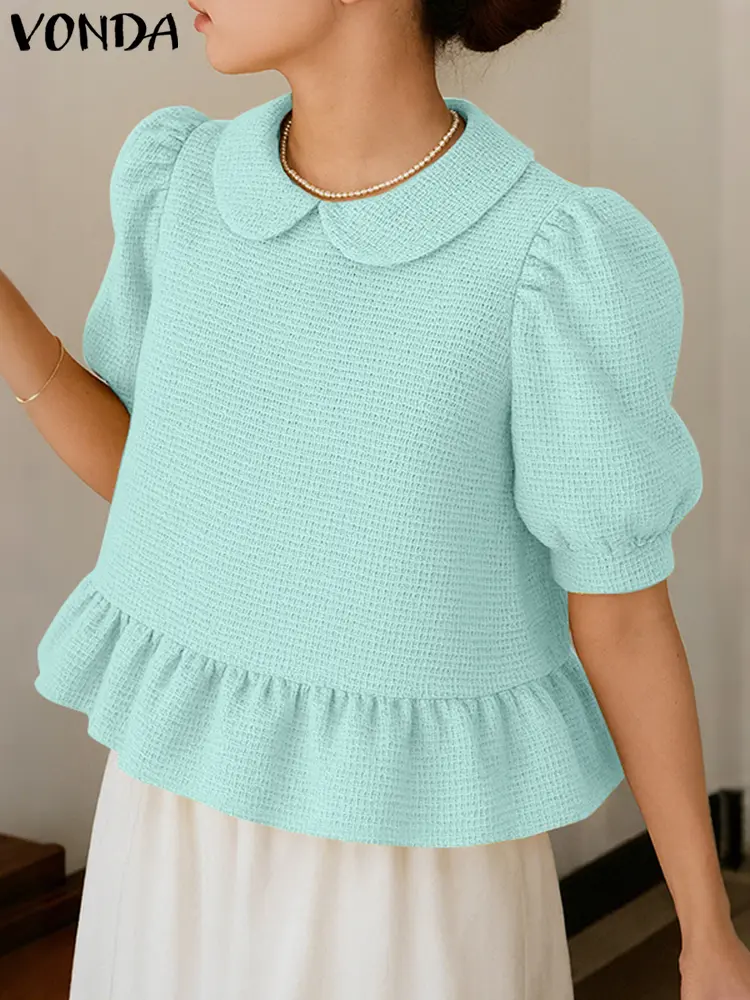 VONDA Women Summer Tops Fashion Solid Color Blouse Ruffled Shirts 2025 Short Puff Sleeve Tunic Casual Lapel Korean Blusas Female