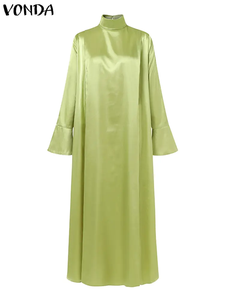 Plus Size VONDA Women Maxi Dress Elegant Flared Long Sleeve High Collar Long Robe 2024 Casual Solid Color Vintage Loose Sundress
