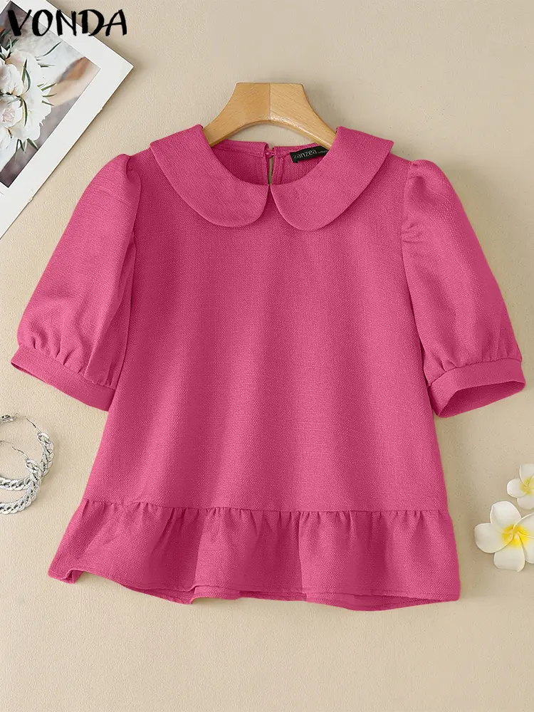 VONDA Women Summer Tops Fashion Solid Color Blouse Ruffled Shirts 2025 Short Puff Sleeve Tunic Casual Lapel Korean Blusas Female
