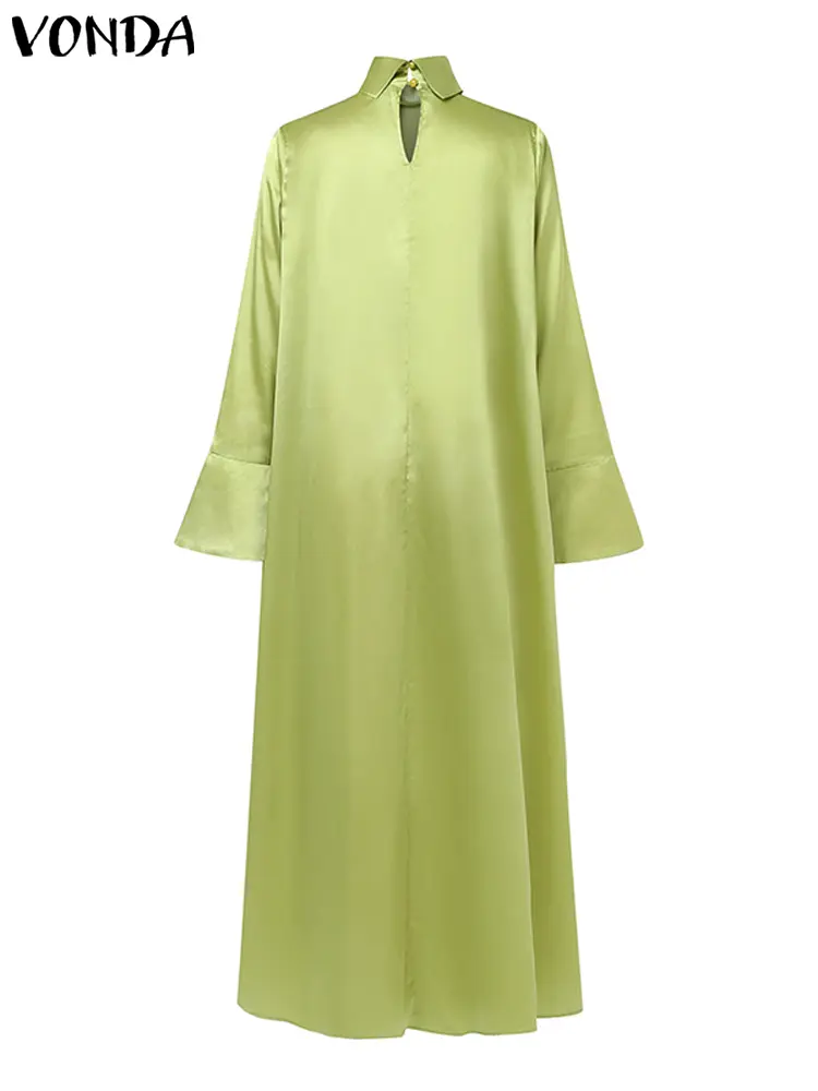 Plus Size VONDA Women Maxi Dress Elegant Flared Long Sleeve High Collar Long Robe 2024 Casual Solid Color Vintage Loose Sundress