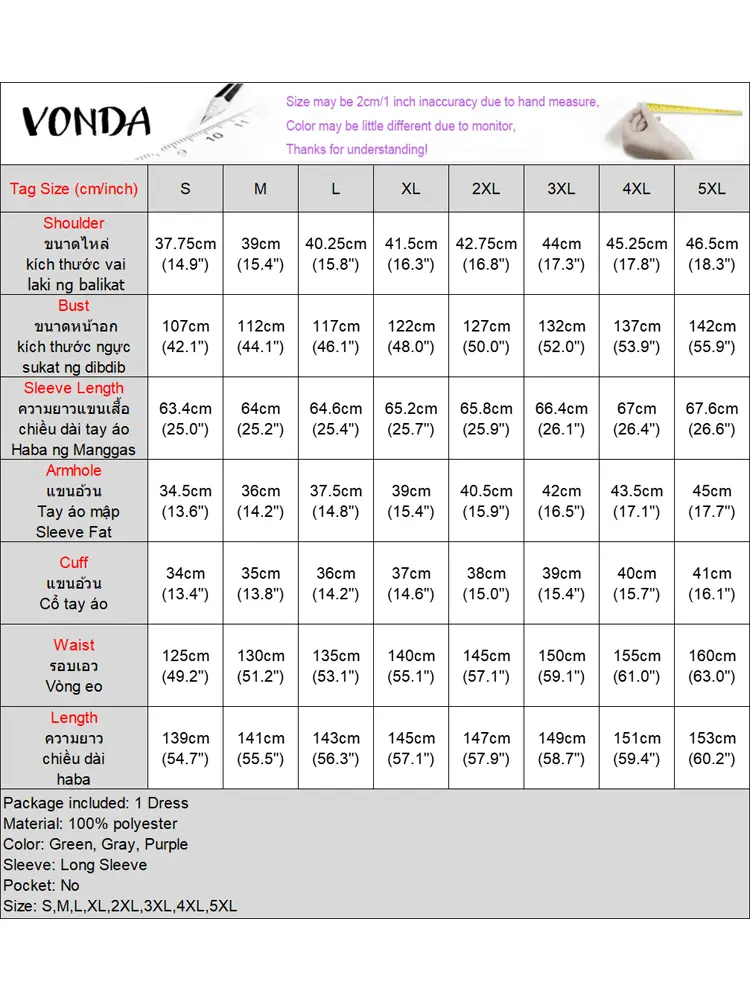 Plus Size VONDA Women Maxi Dress Elegant Flared Long Sleeve High Collar Long Robe 2024 Casual Solid Color Vintage Loose Sundress