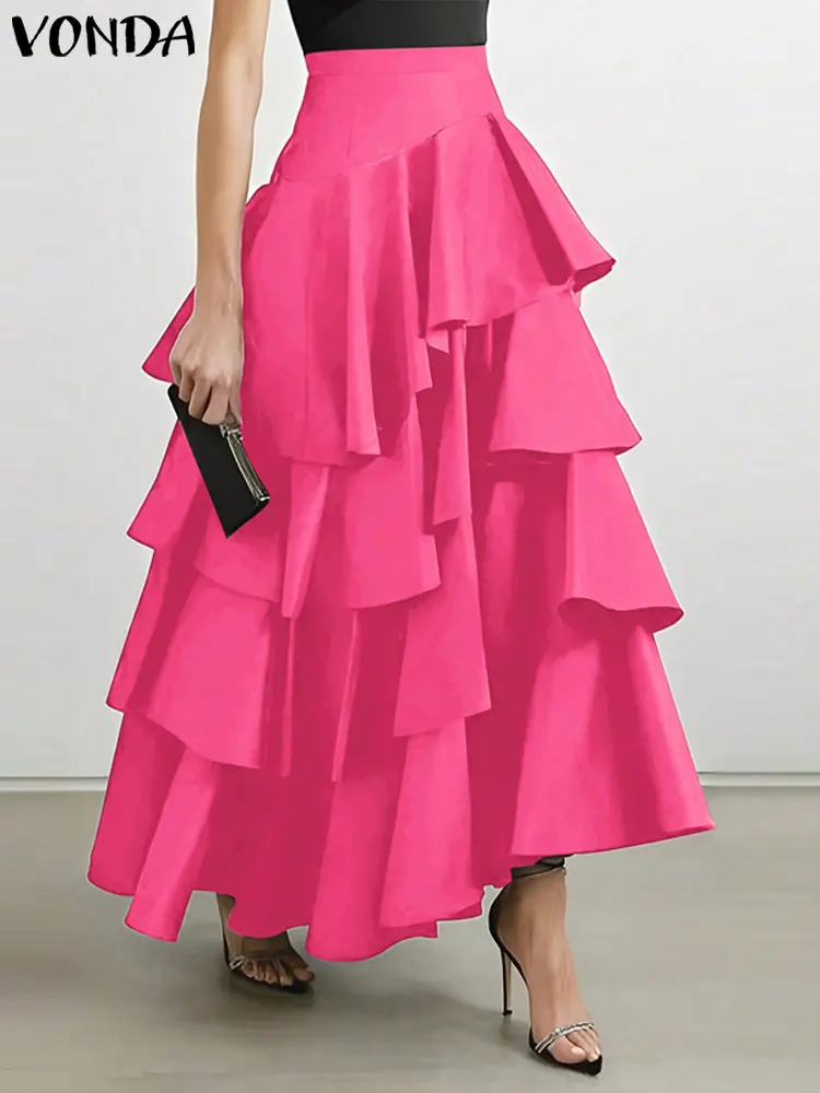 VONDA Women Ruffled Hem Skirt 2024 Street High Waist Fashion Multi Layered Party Long Maxi Skirts Elegant Swing Bottoms
