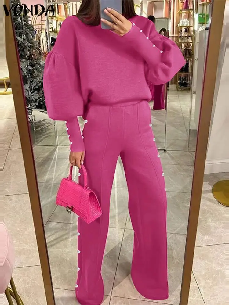 VONDA American Style Pant Sets 2024 Autumn Women Long Lantern Sleeve Tops Loose Trousers Causal Simple Solid Matching Suits