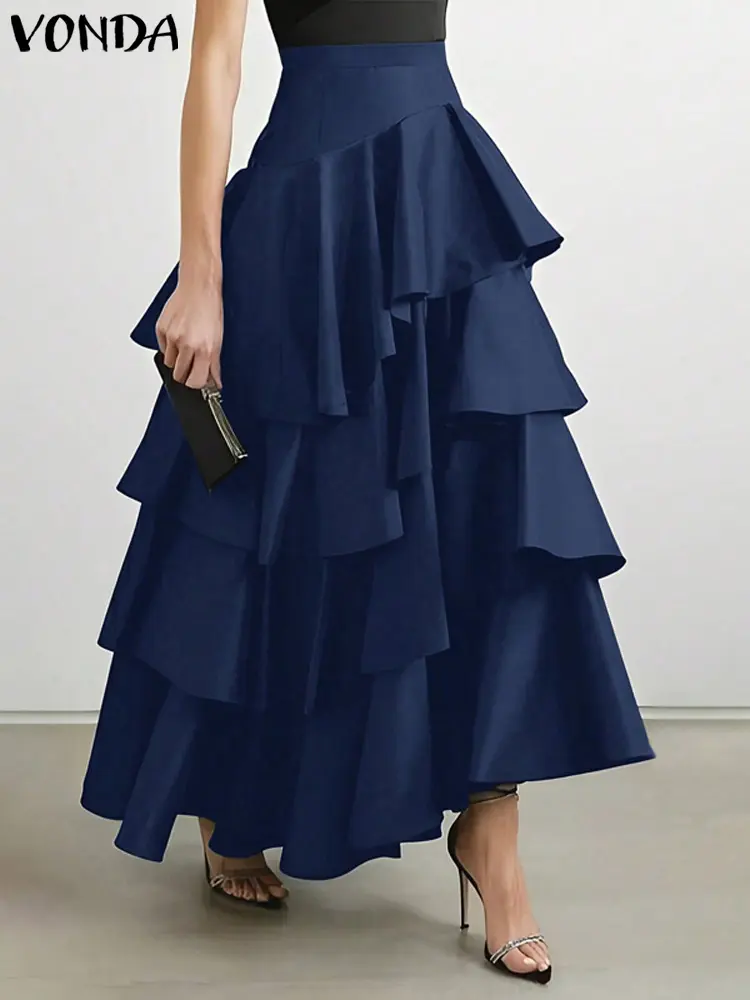 VONDA Women Ruffled Hem Skirt 2024 Street High Waist Fashion Multi Layered Party Long Maxi Skirts Elegant Swing Bottoms