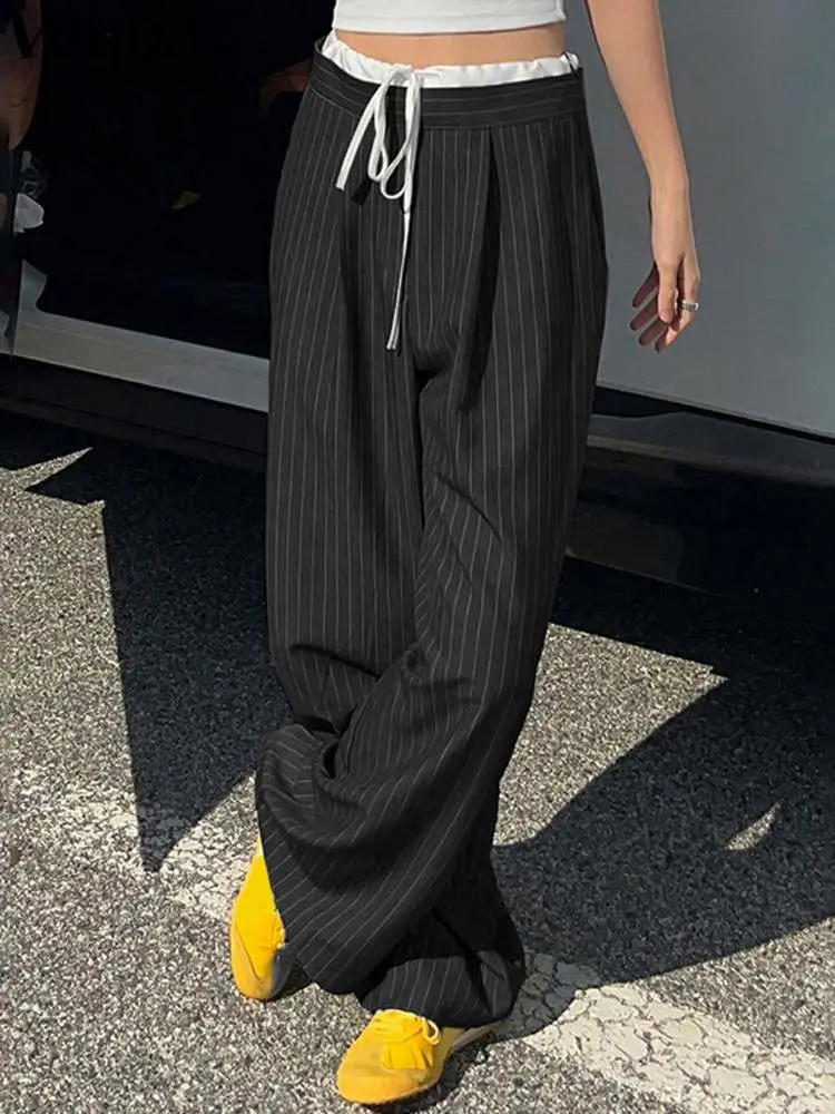2024 VONDA Fashion Women Stripe Pants Casual Wide Leg Trousers Stitching Color Patchwork Lace Ups Bottoms Loose Elegant  Pants