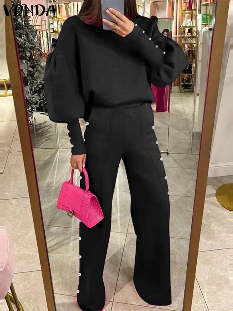 VONDA American Style Pant Sets 2024 Autumn Women Long Lantern Sleeve Tops Loose Trousers Causal Simple Solid Matching Suits