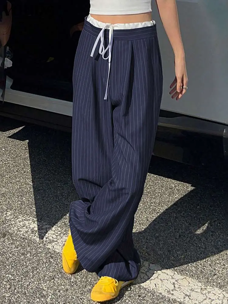 2024 VONDA Fashion Women Stripe Pants Casual Wide Leg Trousers Stitching Color Patchwork Lace Ups Bottoms Loose Elegant  Pants