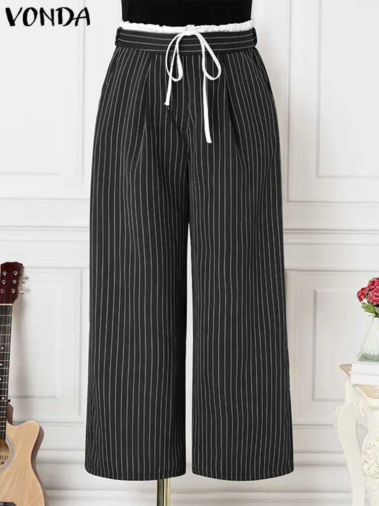 2024 VONDA Fashion Women Stripe Pants Casual Wide Leg Trousers Stitching Color Patchwork Lace Ups Bottoms Loose Elegant  Pants