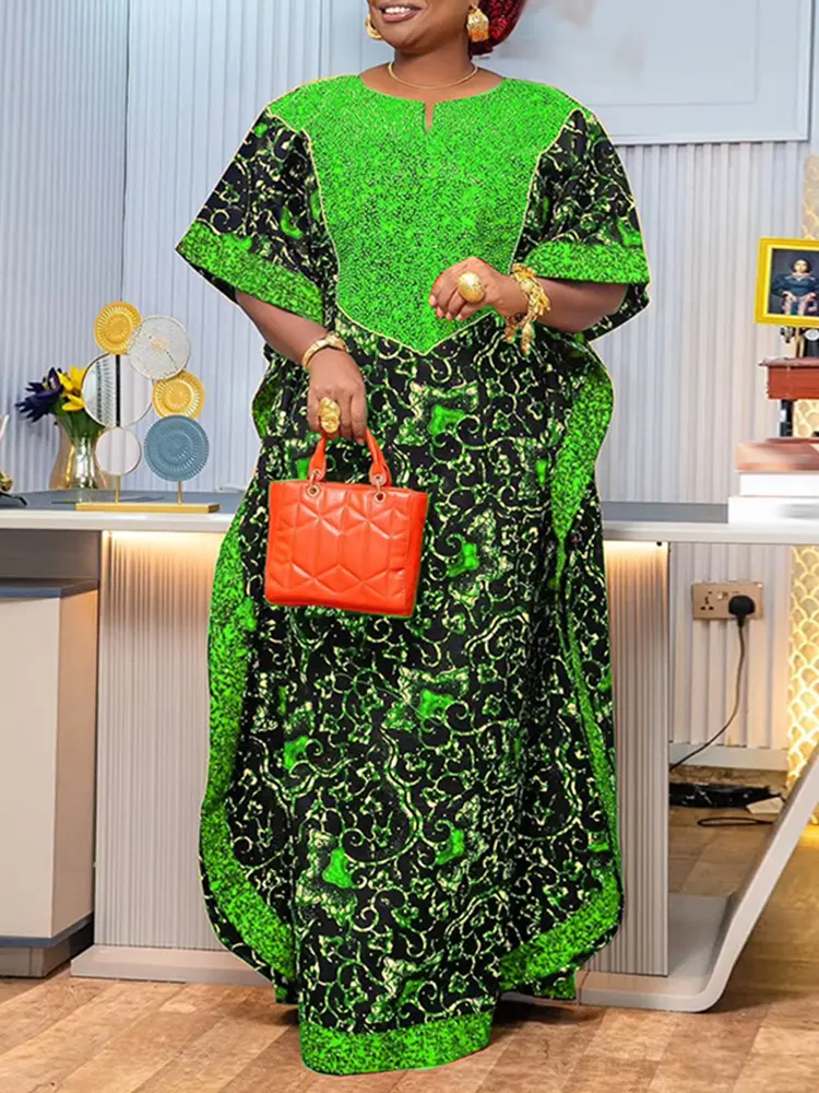 Plus Size Women Maxi Long Dress Summer Party Vestidos 2025 VONDA Vintage Print Patchwork Bat-wing Sleeve Sundress Casual Robe