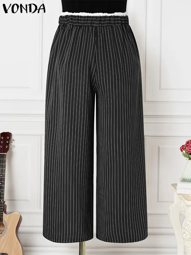 2024 VONDA Fashion Women Stripe Pants Casual Wide Leg Trousers Stitching Color Patchwork Lace Ups Bottoms Loose Elegant  Pants