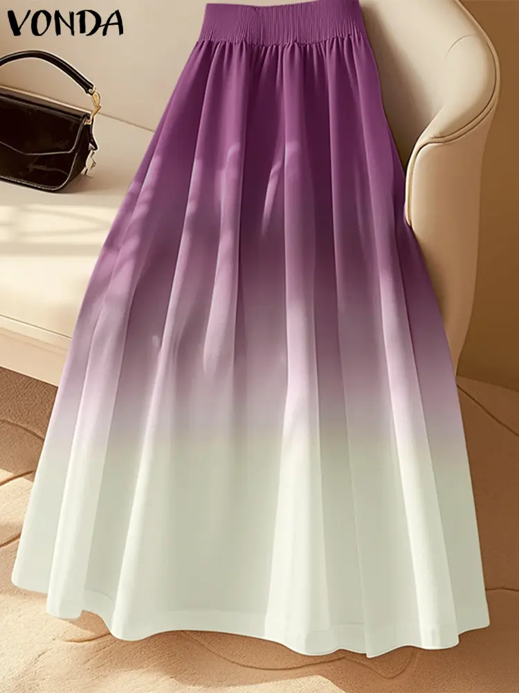 VONDA Elegant Pleated Women's Long Skirts  Office Lady Party Jupes High Waist Color Patchwork Bottoms 2025 Elastic Waist Faldas