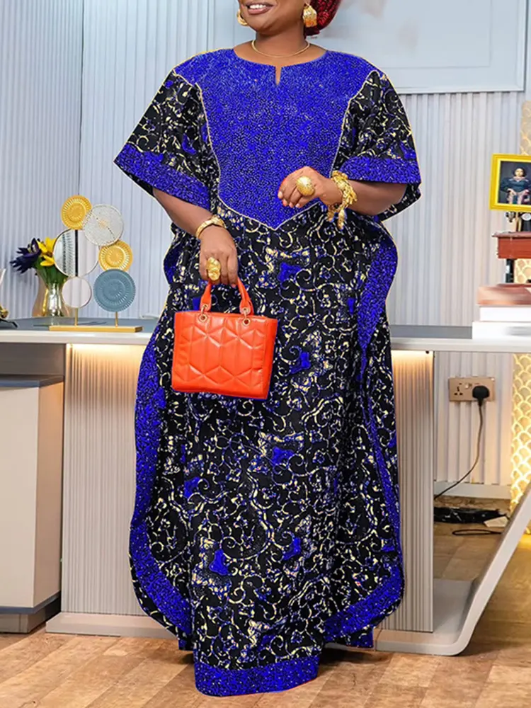 Plus Size Women Maxi Long Dress Summer Party Vestidos 2025 VONDA Vintage Print Patchwork Bat-wing Sleeve Sundress Casual Robe