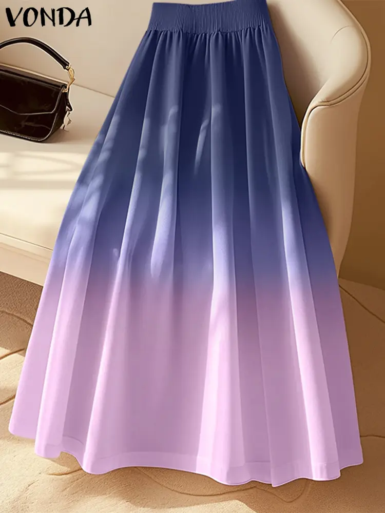 VONDA Elegant Pleated Women's Long Skirts  Office Lady Party Jupes High Waist Color Patchwork Bottoms 2025 Elastic Waist Faldas