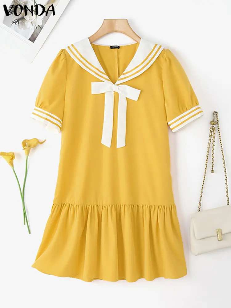 VONDA Women Ruffled Dress 2025 Summer Solid Color Vestidos Bohemian Peter Pan Collar Bow Sundress Beach Casual Loose Robe