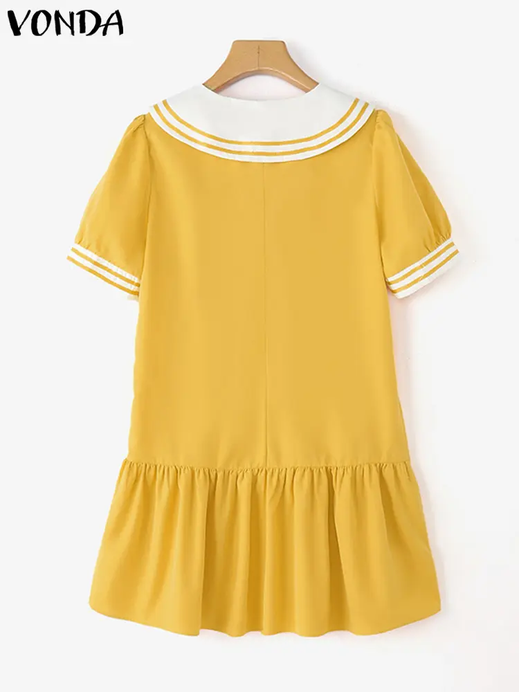 VONDA Women Ruffled Dress 2025 Summer Solid Color Vestidos Bohemian Peter Pan Collar Bow Sundress Beach Casual Loose Robe