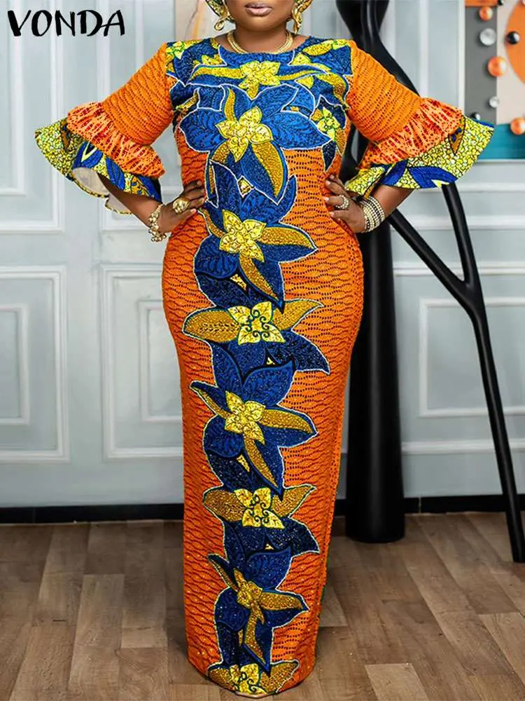VONDA Women Maxi Dress 2024 Fashion Vintage Printed 3/4 Flare Sleeve Sundress Elegant Party Long Dress Casual Vestido Loose Robe