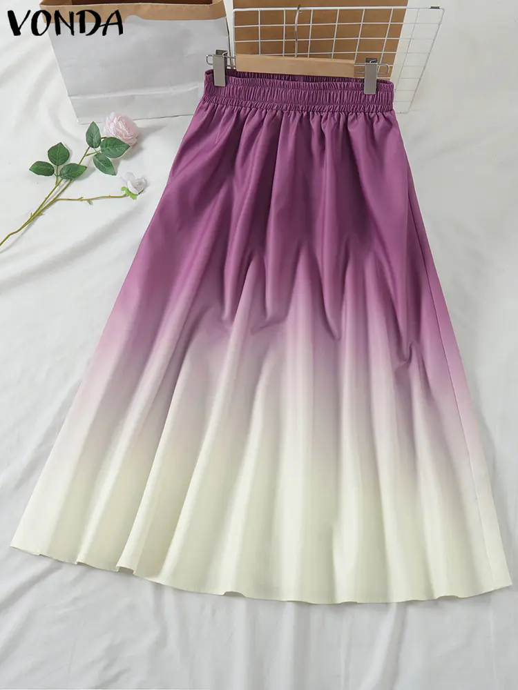 VONDA Elegant Pleated Women's Long Skirts  Office Lady Party Jupes High Waist Color Patchwork Bottoms 2025 Elastic Waist Faldas