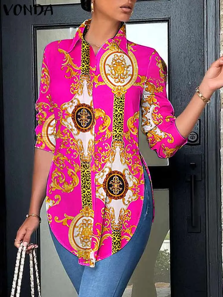 Printed Shirts VONDA 2023 Women Long Sleeve Party Blouses Summer Vintage Printed Long Tunic Tops Lapel Casual Blusas Femininas