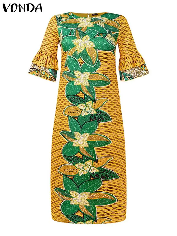 VONDA Women Maxi Dress 2024 Fashion Vintage Printed 3/4 Flare Sleeve Sundress Elegant Party Long Dress Casual Vestido Loose Robe
