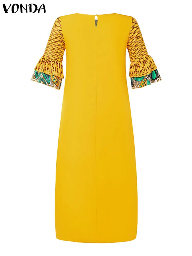 VONDA Women Maxi Dress 2024 Fashion Vintage Printed 3/4 Flare Sleeve Sundress Elegant Party Long Dress Casual Vestido Loose Robe