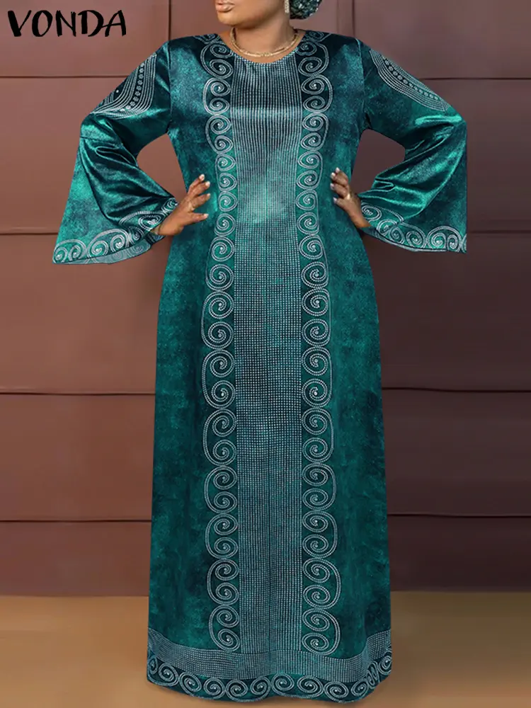 VONDA Women Elegant Party Maxi Long Dress 2024 Bohemian Printed Sundress Vintage Flare Long Sleeve Loose Robe Vestido Oversized