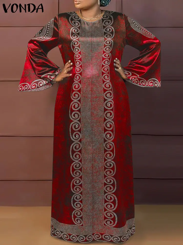 VONDA Women Elegant Party Maxi Long Dress 2024 Bohemian Printed Sundress Vintage Flare Long Sleeve Loose Robe Vestido Oversized