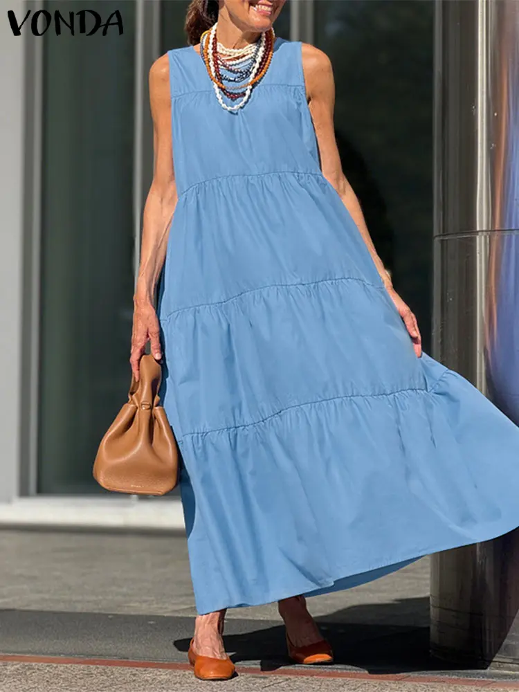 Plus Size 5XL VONDA Sleeveless Shirt Dress Women Summer Sundress 2025 Party Long Vestido Causal Loose Solid Ruffled Robe