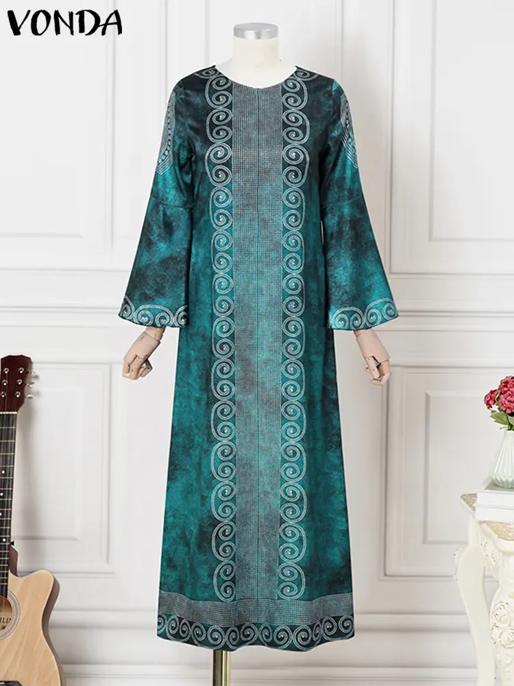 VONDA Women Elegant Party Maxi Long Dress 2024 Bohemian Printed Sundress Vintage Flare Long Sleeve Loose Robe Vestido Oversized
