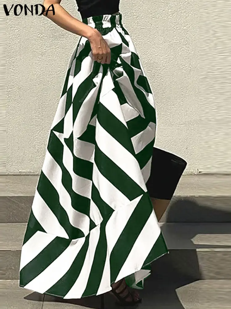 VONDA 2025 Bohemian Striped Maxi Skirts Summer High Elastic Waist Oversized Party Skirts Casual Loose Long Skirt Plus Size 5XL