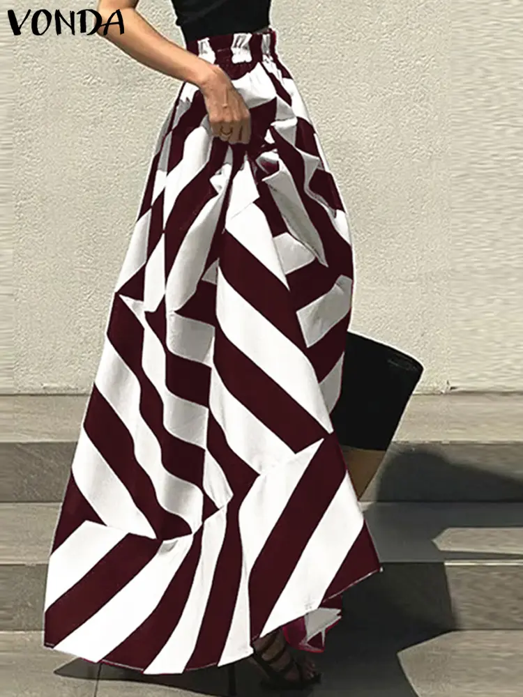 VONDA 2025 Bohemian Striped Maxi Skirts Summer High Elastic Waist Oversized Party Skirts Casual Loose Long Skirt Plus Size 5XL