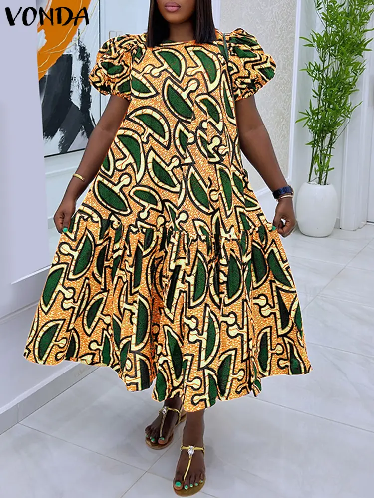 VONDA Summer Print Dress Party Vintage Sundress 2025 Women Puff Sleeve Loose Vestidos Casual Ruffled Midi Robe Femme