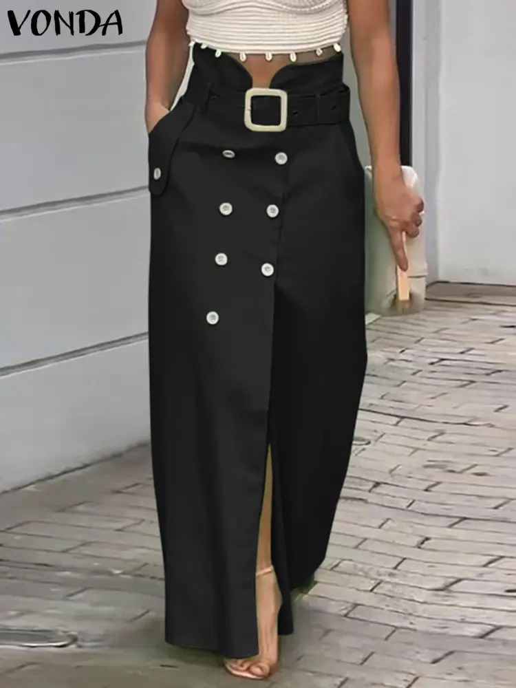 VONDA Women Skirts 2025 Casual Waistband Button Design Slit Long Overskirts Elegant Solid Color Office Lady Bottoms Oversized